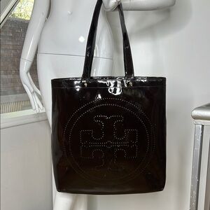 Tory Burch Patent Leather Large Flat Shoulder Tote Bag